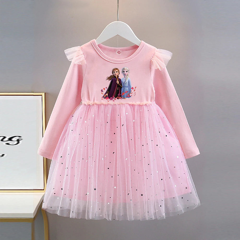 Vestido de Princesa Elsa (Frozen)| Manga Larga y Falda de Tul con Brillos (2-8 Años)