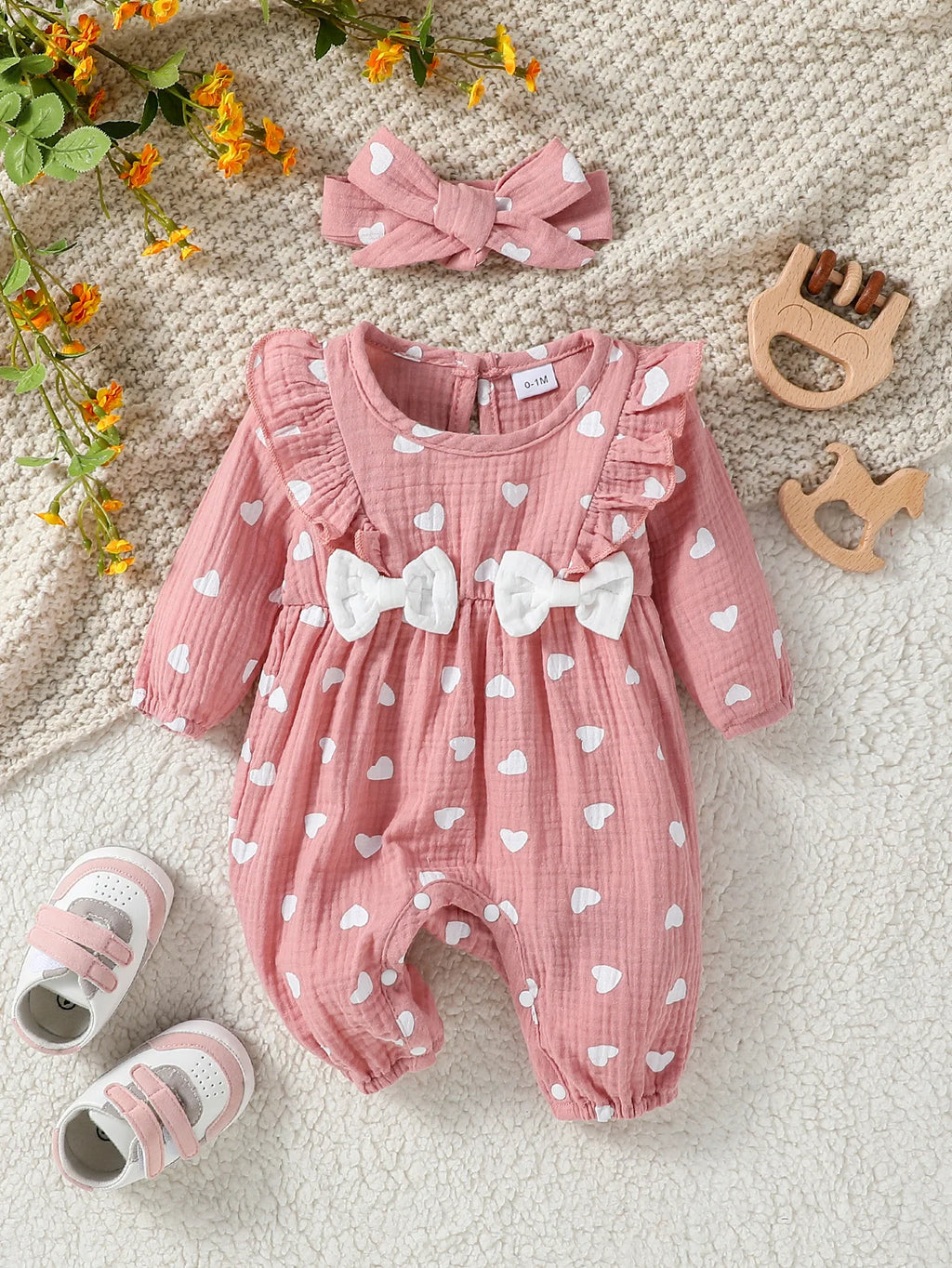 Mameluco de niña diseño Floral (0-6M): Comodidad 100% Algodón y Diadema a Juego