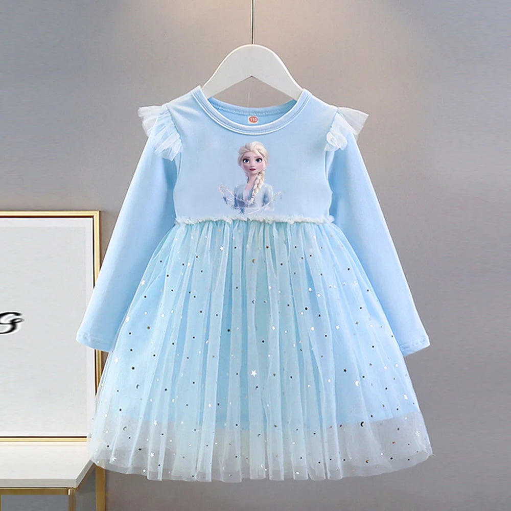 Vestido de Princesa Elsa (Frozen)| Manga Larga y Falda de Tul con Brillos (2-8 Años)