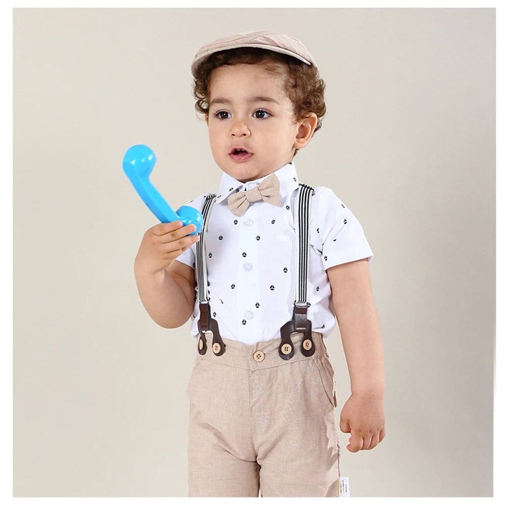 Conjunto de Caballero para Bebé Niño: Mameluco Corto, Pantalón de tirantes y Gorro (0-3T)
