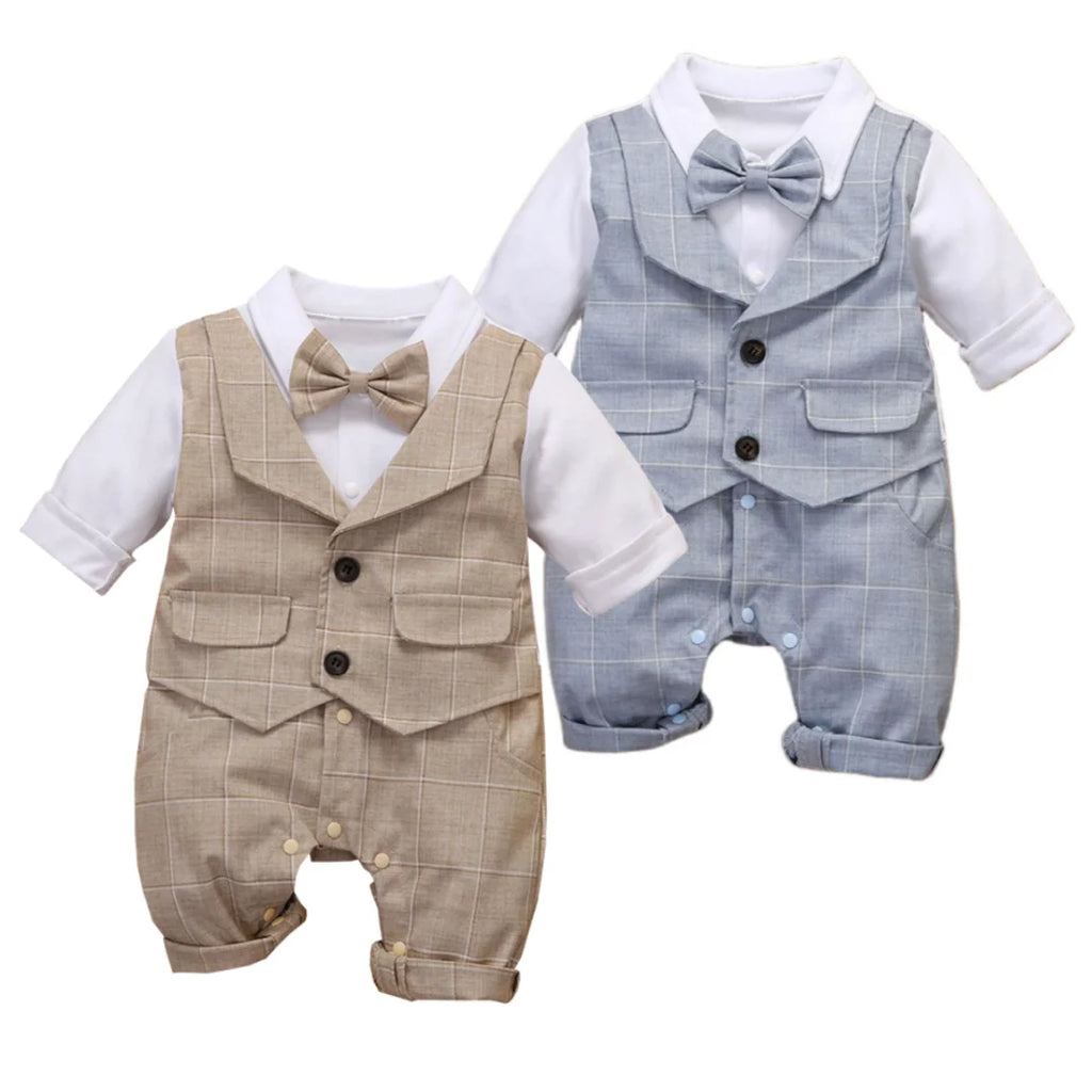 Conjunto Formal de Bebé Niño: Mameluco de Cuadros y Corbata de Moño (3-24M)