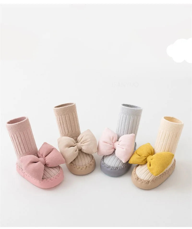 Zapatos-Calcetin Antideslizantes de Princesa con moño- Suela de Cuero Suave (Otoño)