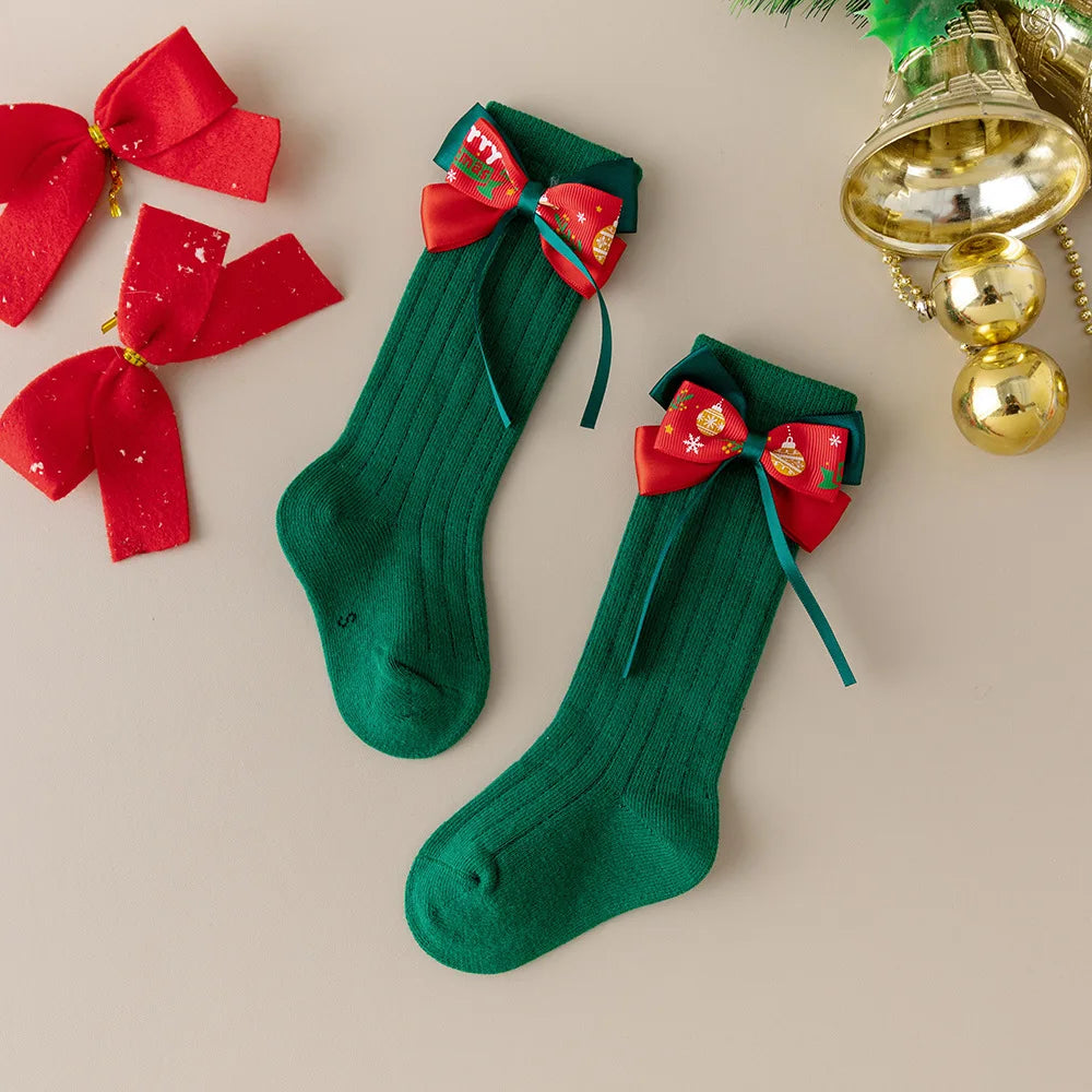Calcetines Largos Navideños: Estilo Español y Lazo de Mariposa (0-24M)