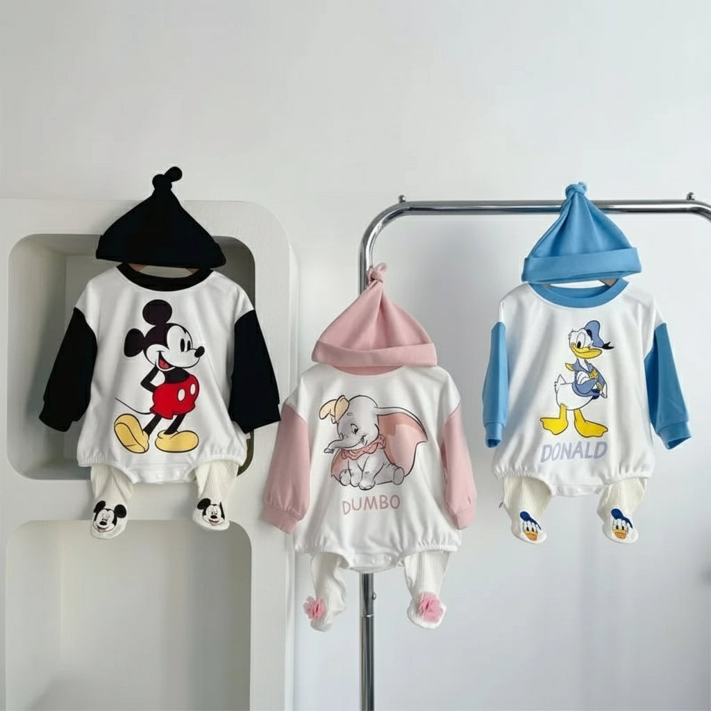 Colección Disney 3 Piezas| Mameluco Manga Larga, Gorro y Calcetines (3-18 meses)