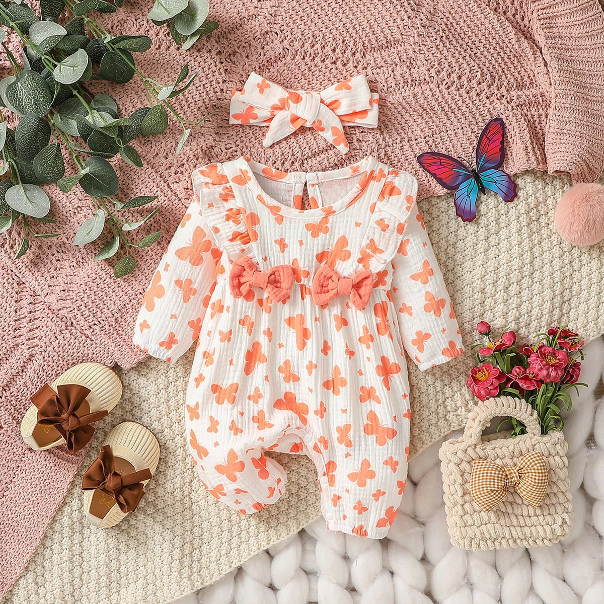Mameluco de niña diseño Floral (0-6M): Comodidad 100% Algodón y Diadema a Juego