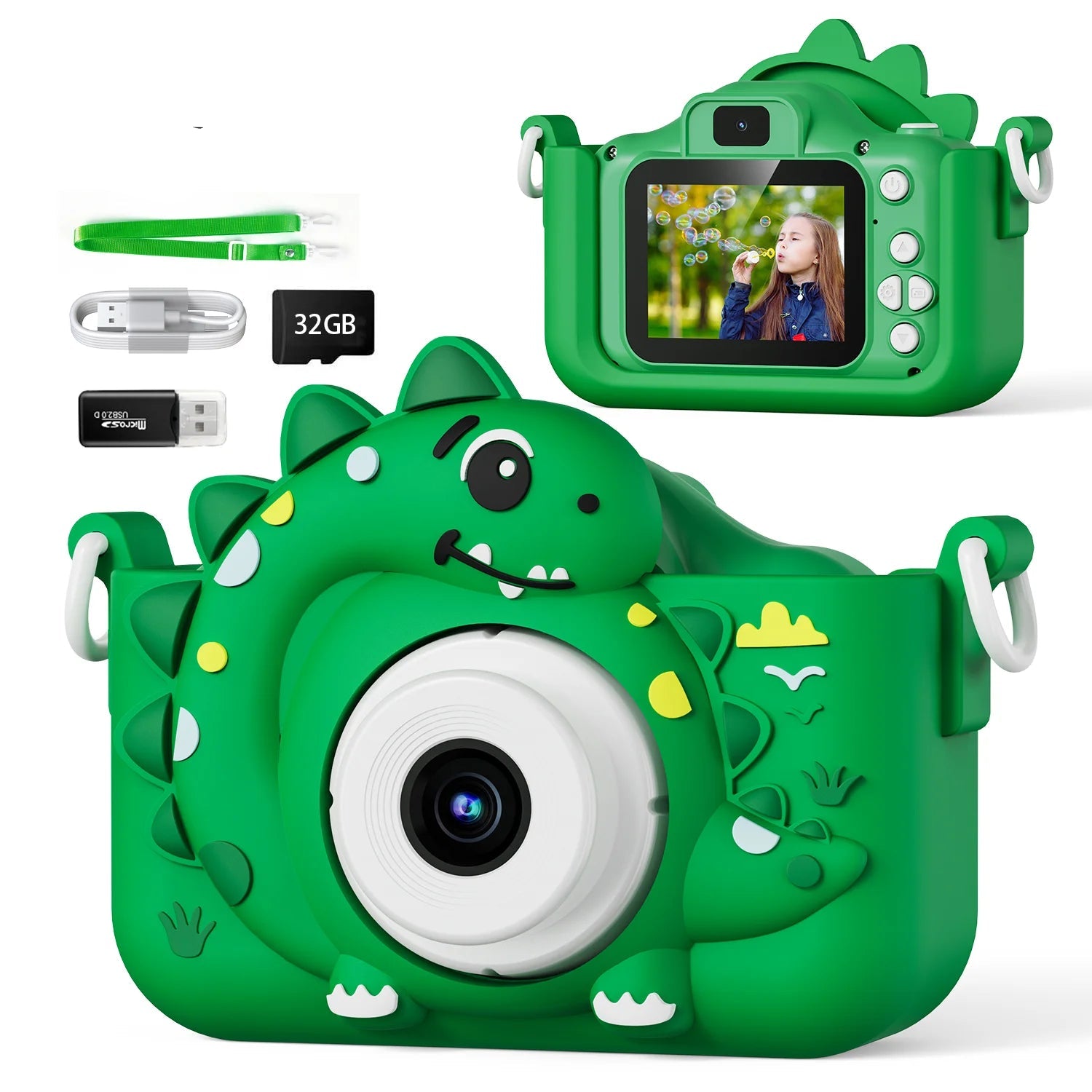 Cámara Digital HD 1080P para Niños | Diseño de Dinosaurio, Doble Cámara, 32GB Incluidos
