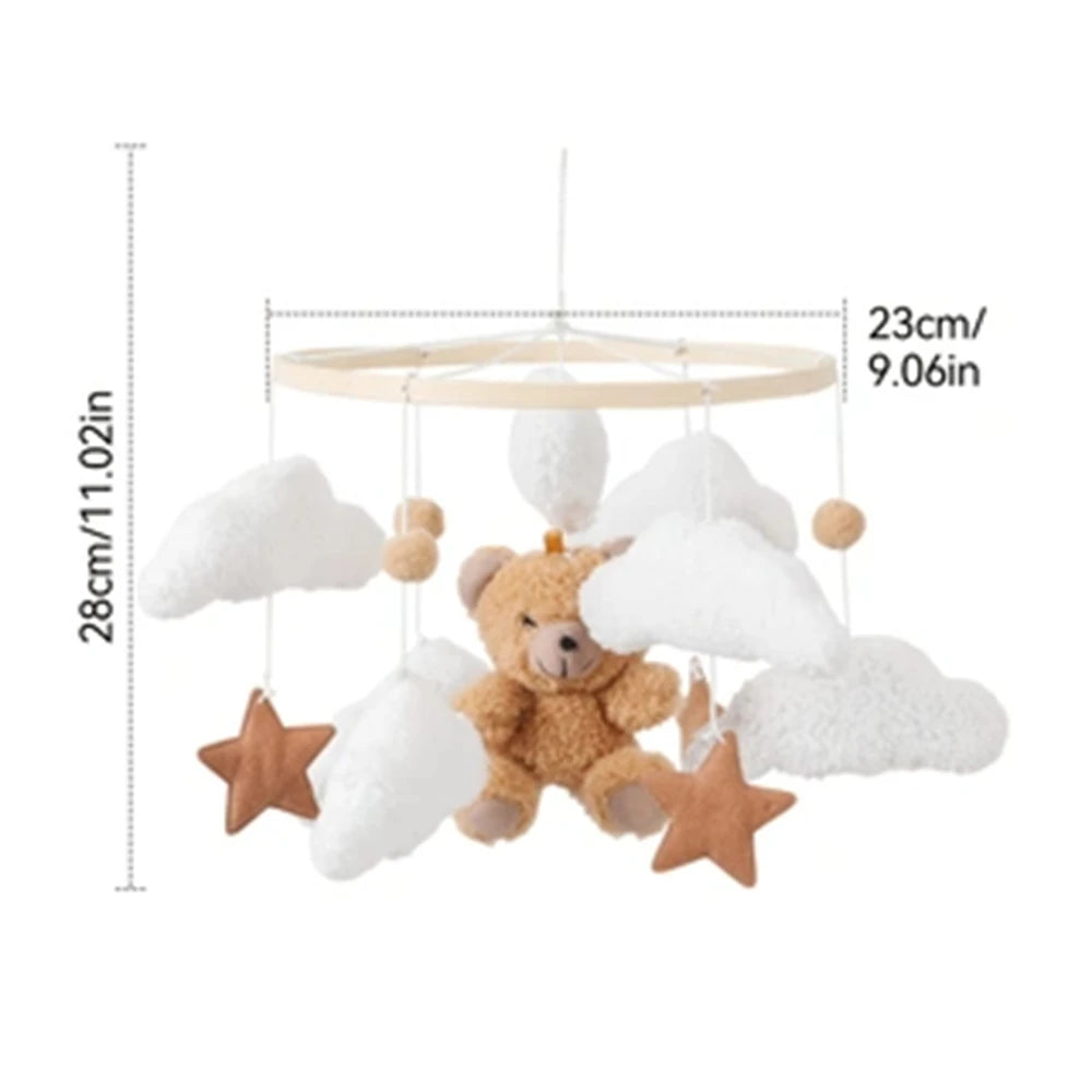 Móvil de Cuna 360° de Madera y Felpa | Estimulación Temprana | Oso Rosa, Conejo Café y Estrellas
