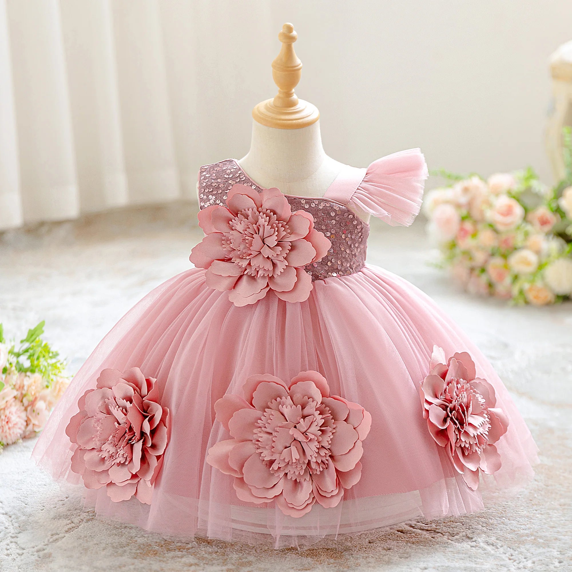 Vestido Elegante de Flores y Lentejuelas para Bebé Niña| Ideal para Bautizos y Primer Cumpleaños  (6M-3T)