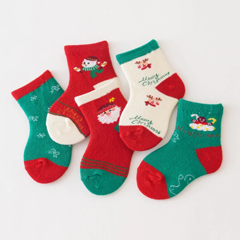 Set de 5 Pares de Calcetines Navideños para Bebés y Niños | Algodón Grueso, Tubo Medio (0-3 Años)