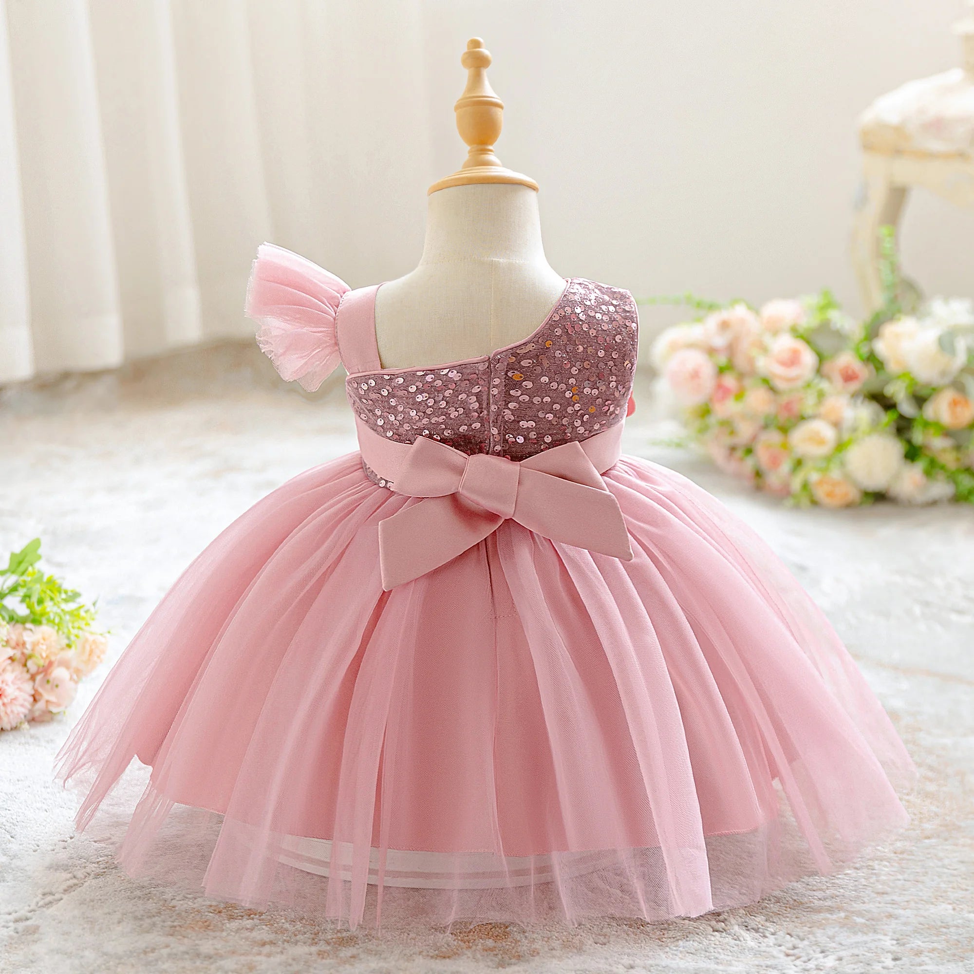 Vestido Elegante de Flores y Lentejuelas para Bebé Niña| Ideal para Bautizos y Primer Cumpleaños  (6M-3T)