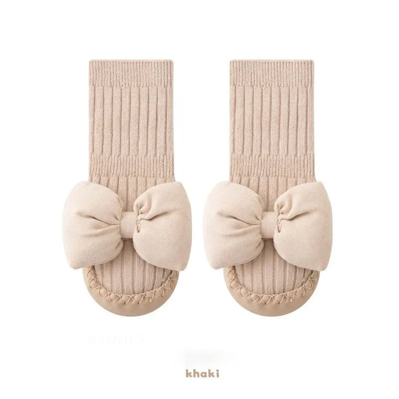 Zapatos-Calcetin Antideslizantes de Princesa con moño- Suela de Cuero Suave (Otoño)