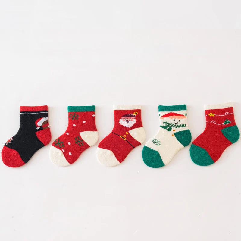 Set de 5 Pares de Calcetines Navideños para Bebés y Niños | Algodón Grueso, Tubo Medio (0-3 Años)