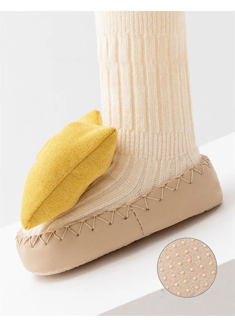 Zapatos-Calcetin Antideslizantes de Princesa con moño- Suela de Cuero Suave (Otoño)