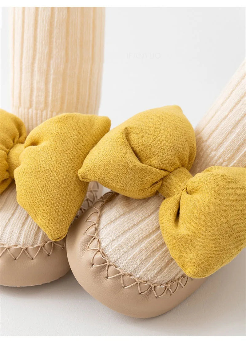 Zapatos-Calcetin Antideslizantes de Princesa con moño- Suela de Cuero Suave (Otoño)