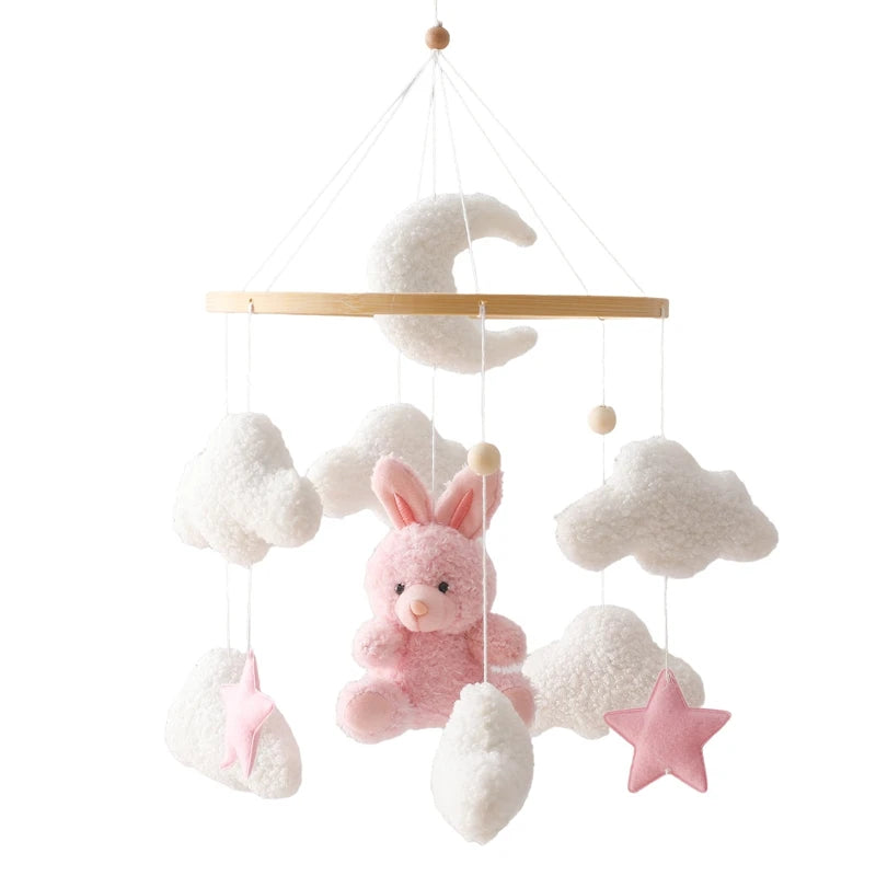 Móvil de Cuna 360° de Madera y Felpa | Estimulación Temprana | Oso Rosa, Conejo Café y Estrellas