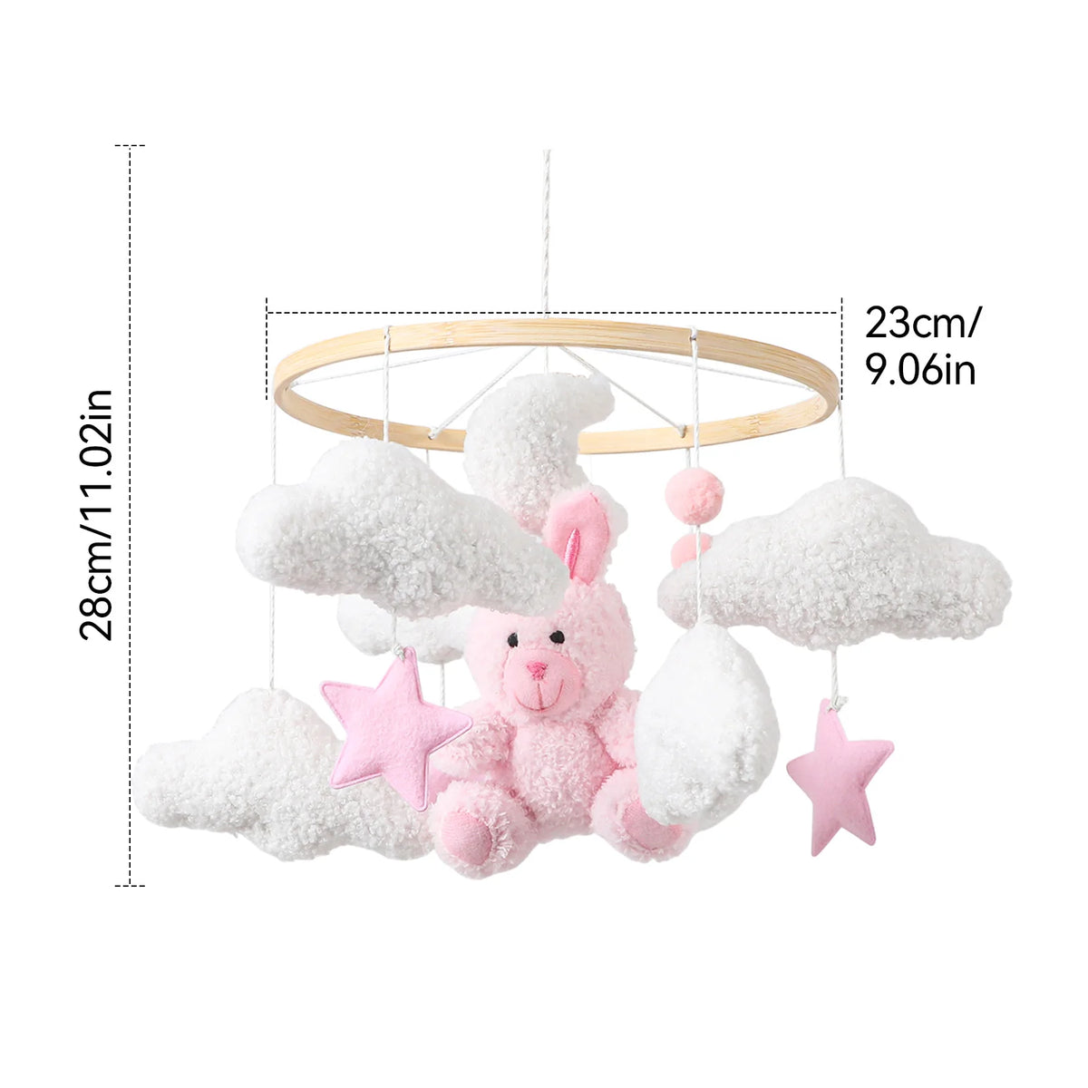 Móvil de Cuna 360° de Madera y Felpa | Estimulación Temprana | Oso Rosa, Conejo Café y Estrellas