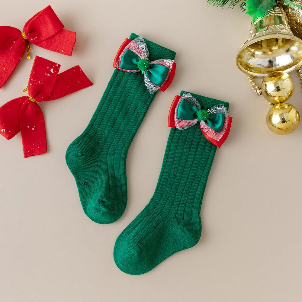 Calcetines Largos Navideños: Estilo Español y Lazo de Mariposa (0-24M)