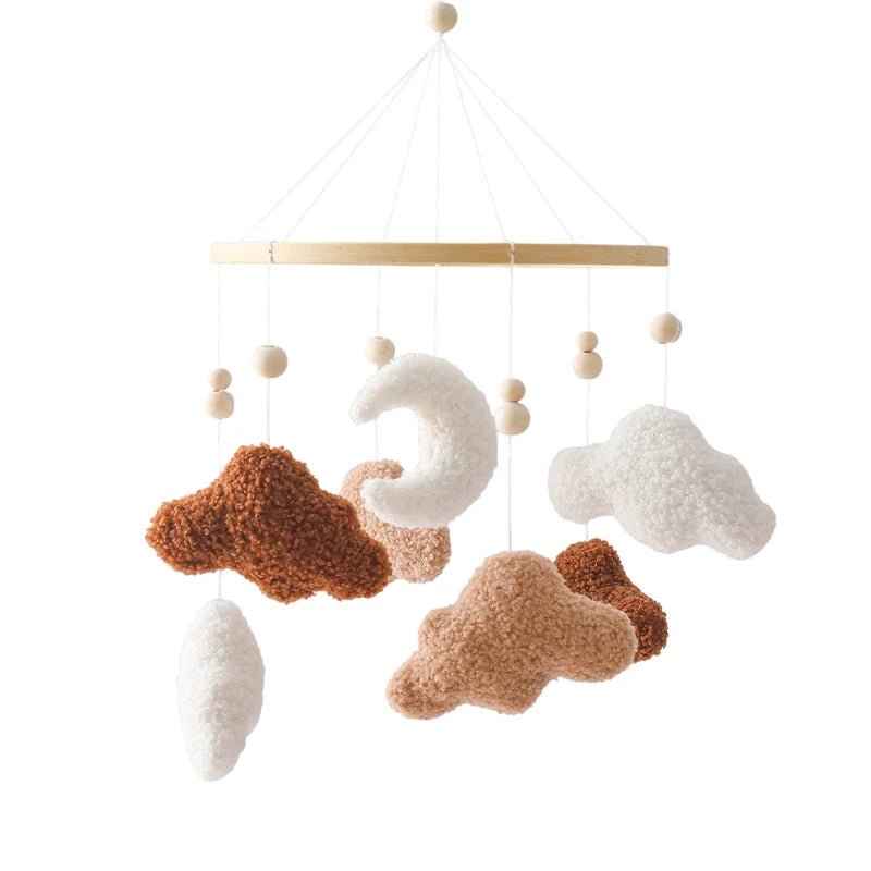 Móvil de Cuna 360° de Madera y Felpa | Estimulación Temprana | Oso Rosa, Conejo Café y Estrellas