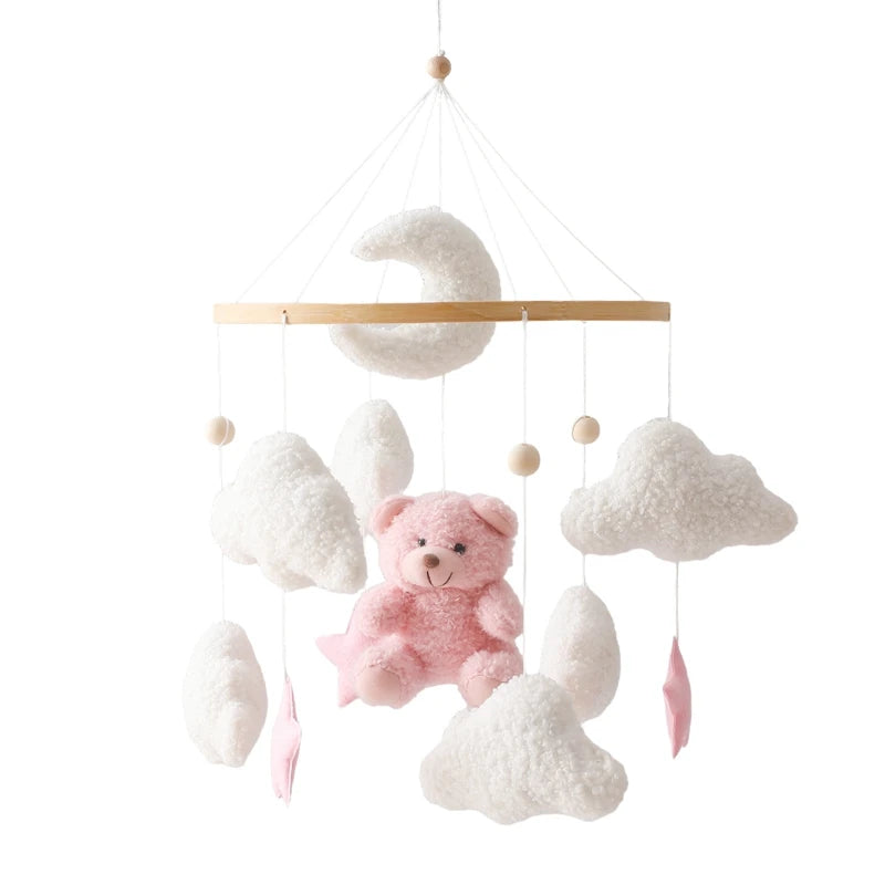 Móvil de Cuna 360° de Madera y Felpa | Estimulación Temprana | Oso Rosa, Conejo Café y Estrellas