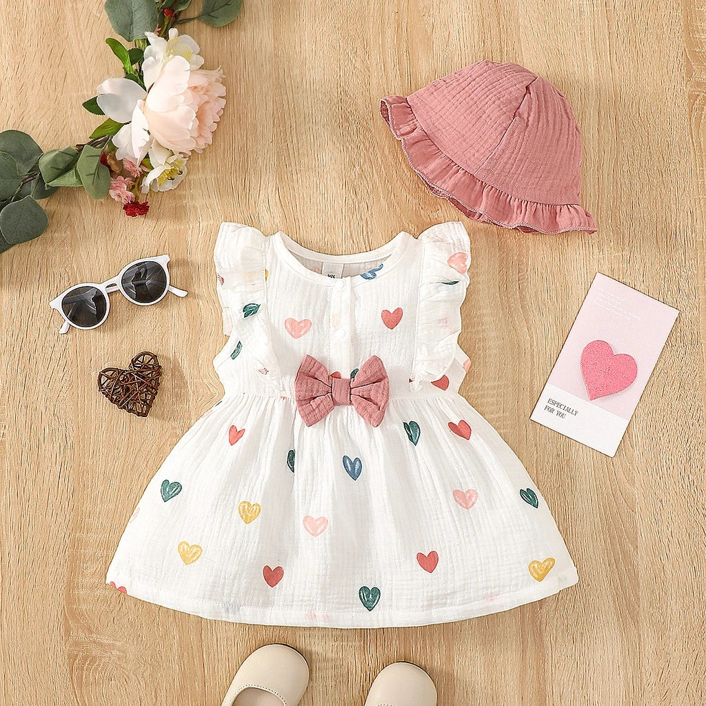 Conjunto de Vestido y Gorro de Verano: Frescura y Amor para Bebé Niña (0-9M)