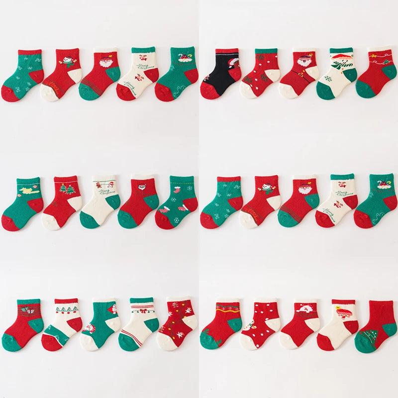 Set de 5 Pares de Calcetines Navideños para Bebés y Niños | Algodón Grueso, Tubo Medio (0-3 Años)