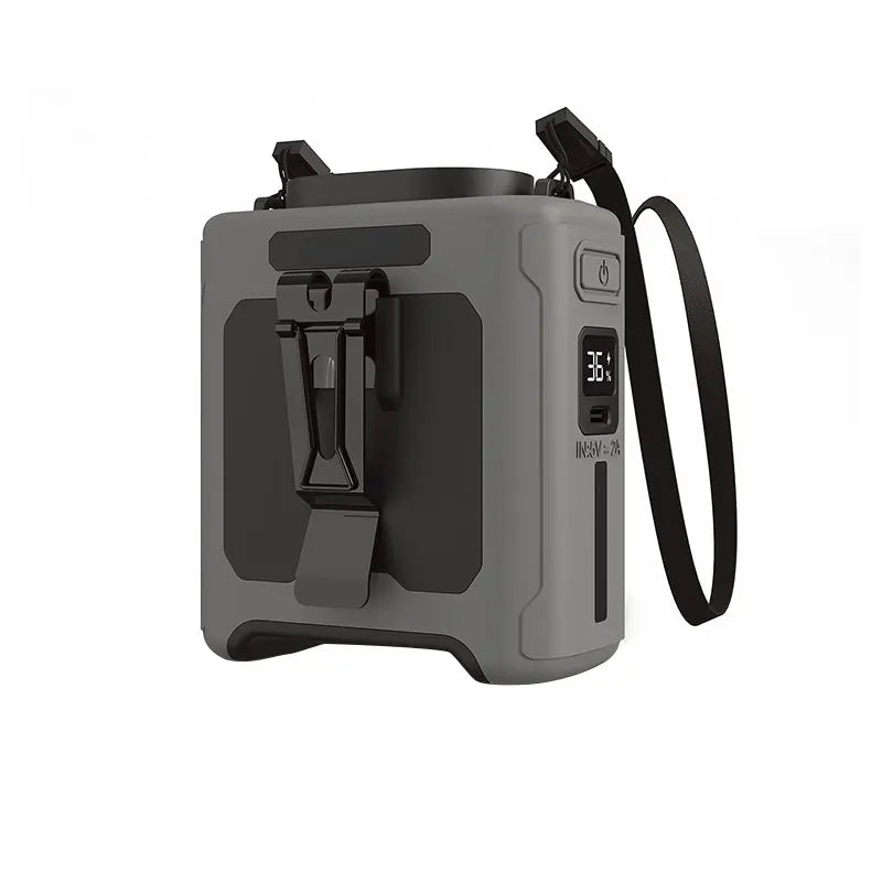 Ventilador de cintura portátil capacidad de bateria de 10000mAh con luz LED y capacidad de carga a dispositivos.