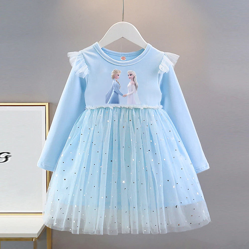 Vestido de Princesa Elsa (Frozen)| Manga Larga y Falda de Tul con Brillos (2-8 Años)