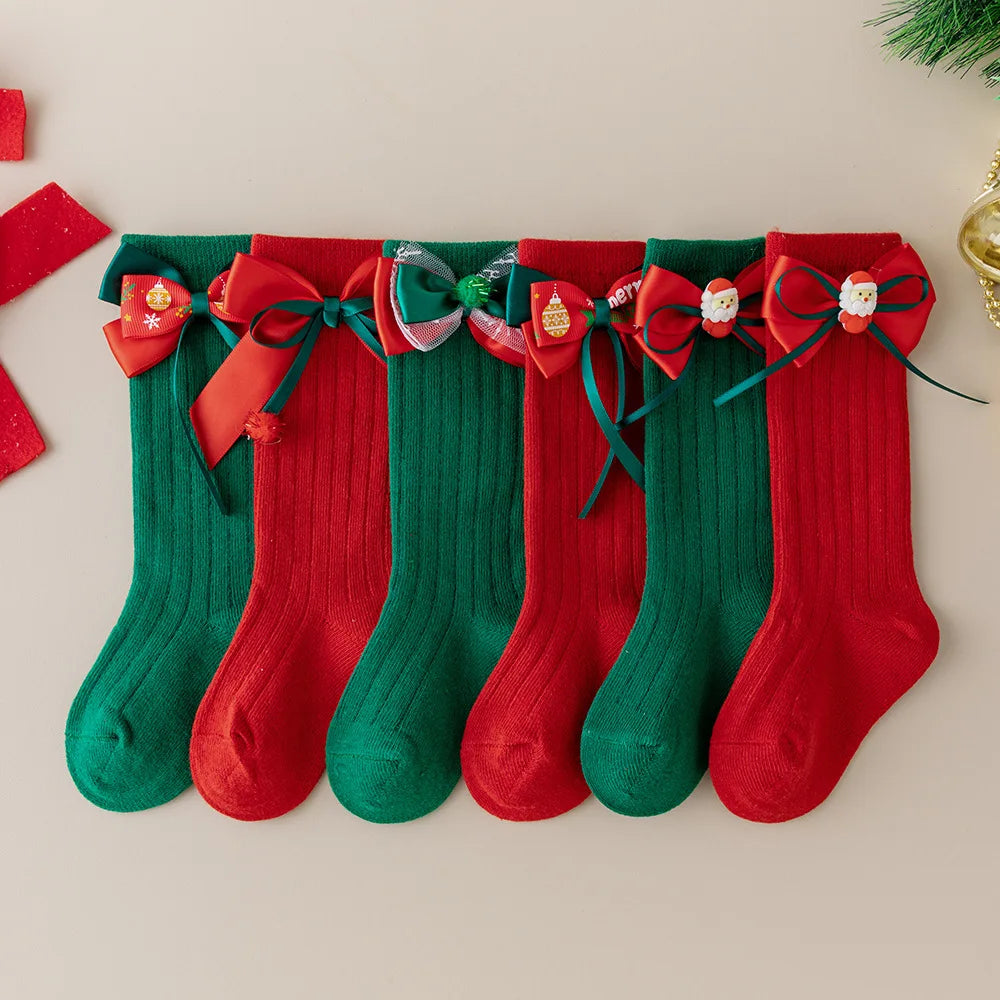 Calcetines Largos Navideños: Estilo Español y Lazo de Mariposa (0-24M)