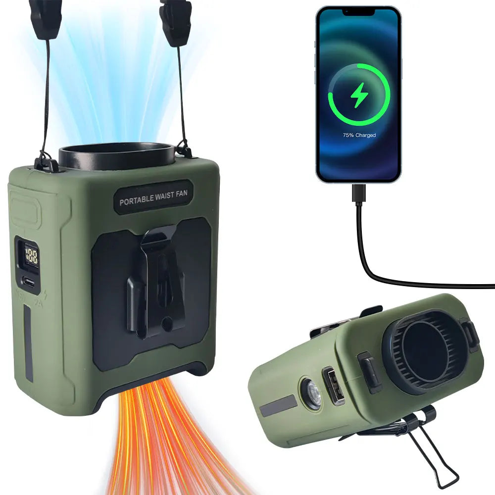 Ventilador de cintura portátil capacidad de bateria de 10000mAh con luz LED y capacidad de carga a dispositivos.