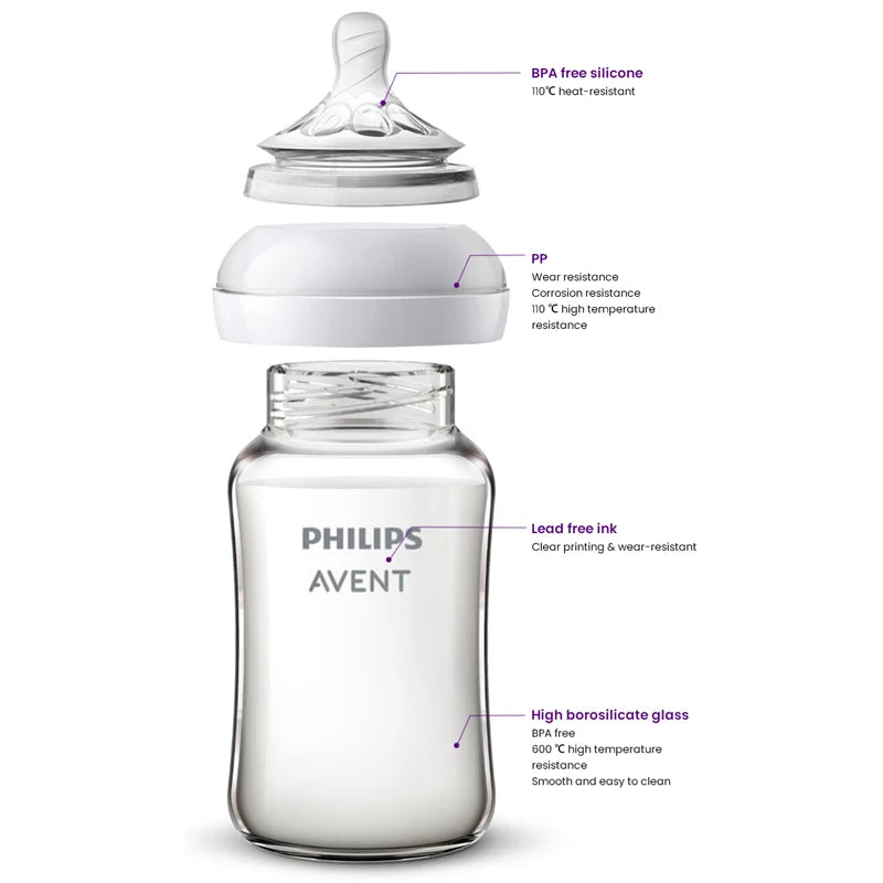 Biberón de Vidrio Philips Avent (125 ml/160 ml) | Borosilicato Puro, Calibre Ancho y Sistema Air Flex