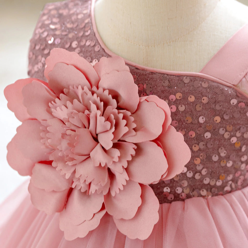 Vestido Elegante de Flores y Lentejuelas para Bebé Niña| Ideal para Bautizos y Primer Cumpleaños  (6M-3T)