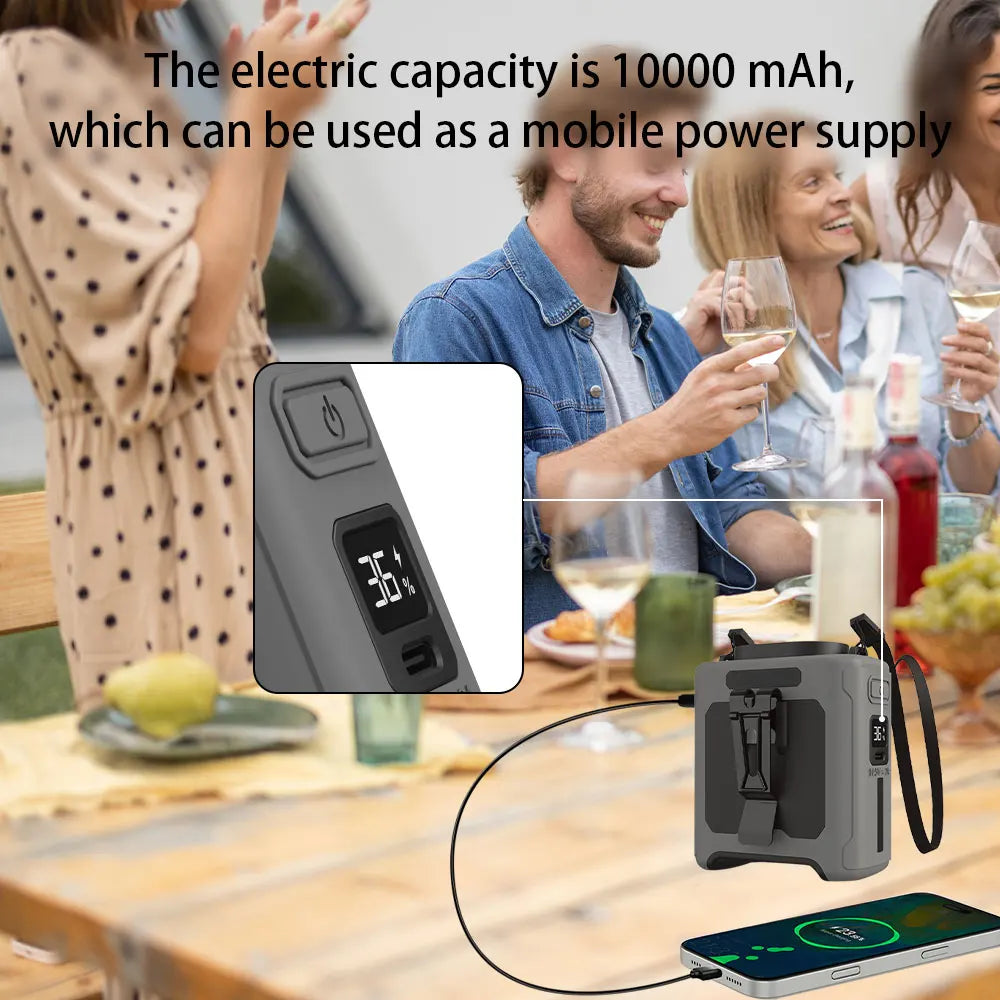 Ventilador de cintura portátil capacidad de bateria de 10000mAh con luz LED y capacidad de carga a dispositivos.