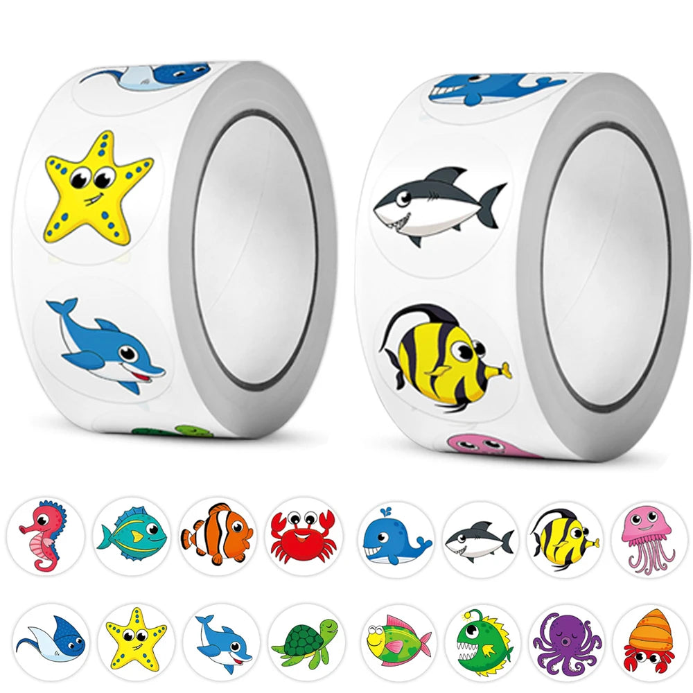 Rollo de 500 Pegatinas: Animales Marinos y Recompensas Educativas