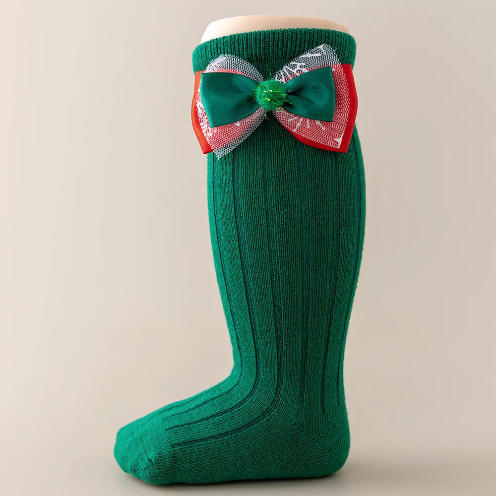 Calcetines Largos Navideños: Estilo Español y Lazo de Mariposa (0-24M)