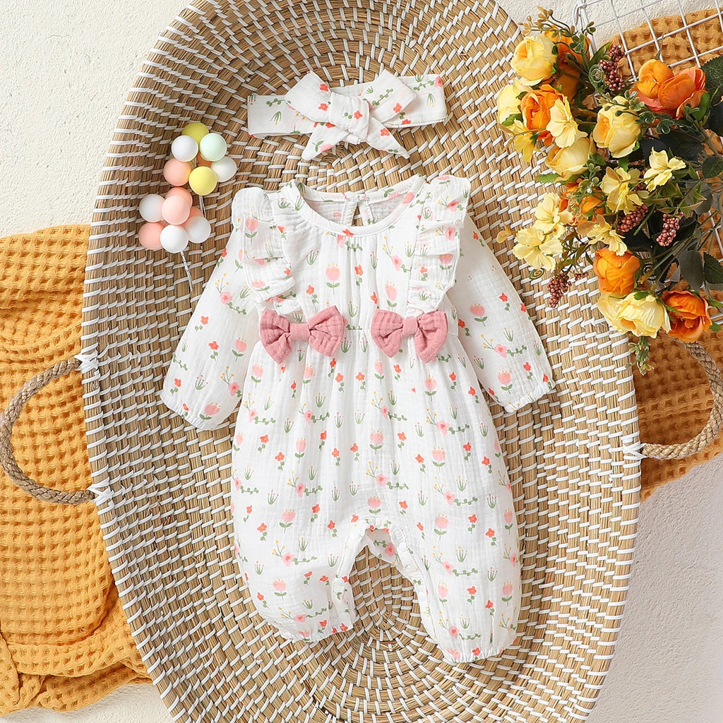 Mameluco de niña diseño Floral (0-6M): Comodidad 100% Algodón y Diadema a Juego