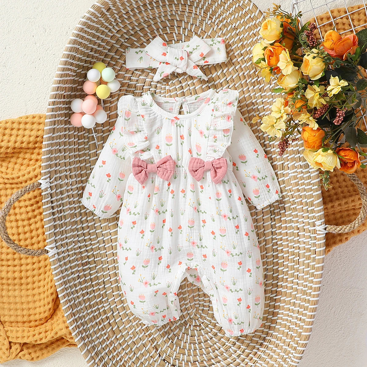 Mameluco de niña diseño Floral (0-6M): Comodidad 100% Algodón y Diadema a Juego