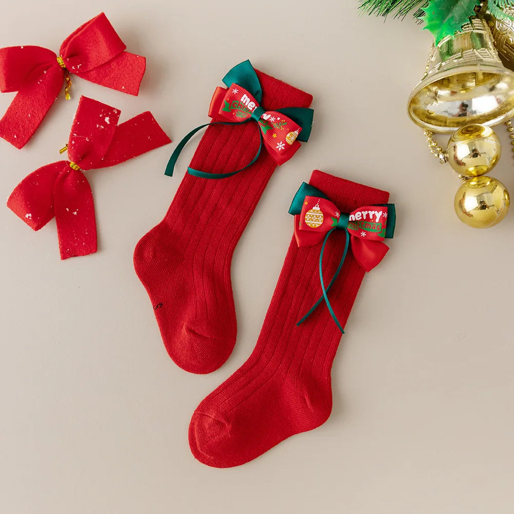Calcetines Largos Navideños: Estilo Español y Lazo de Mariposa (0-24M)