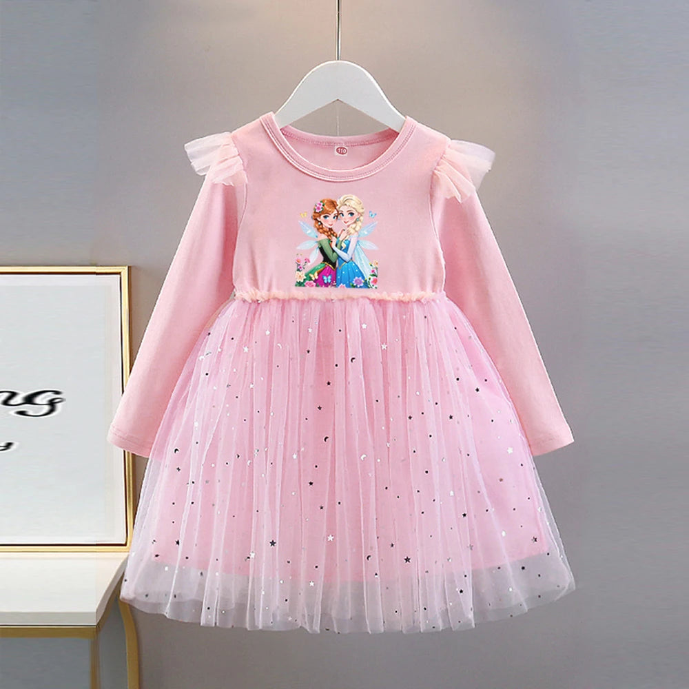 Vestido de Princesa Elsa (Frozen)| Manga Larga y Falda de Tul con Brillos (2-8 Años)