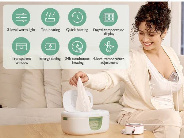 Calentador de Toallitas Momcozy | Calentamiento Rápido, 4 Modos de Temperatura y Luz Nocturna Ajustable