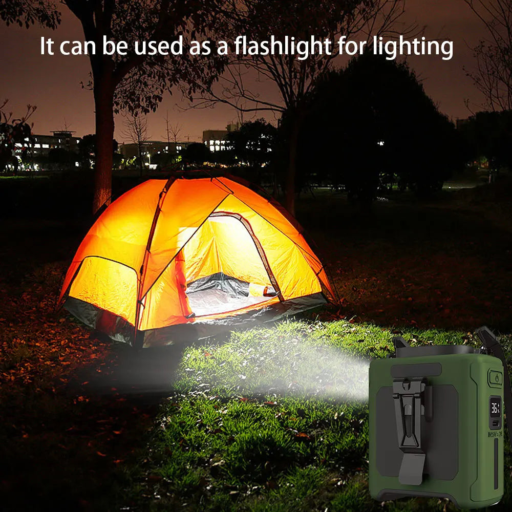 Ventilador de cintura portátil capacidad de bateria de 10000mAh con luz LED y capacidad de carga a dispositivos.