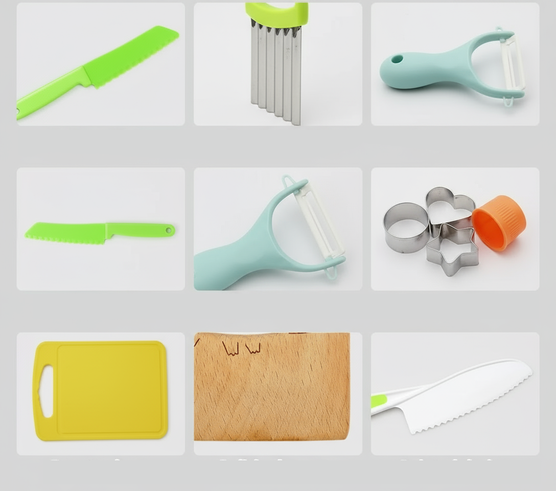Set de Cuchillos y Utensilios Montessori para Niños | Seguro, Corta Vegetales y Frutas | Desarrollo de Coordinación