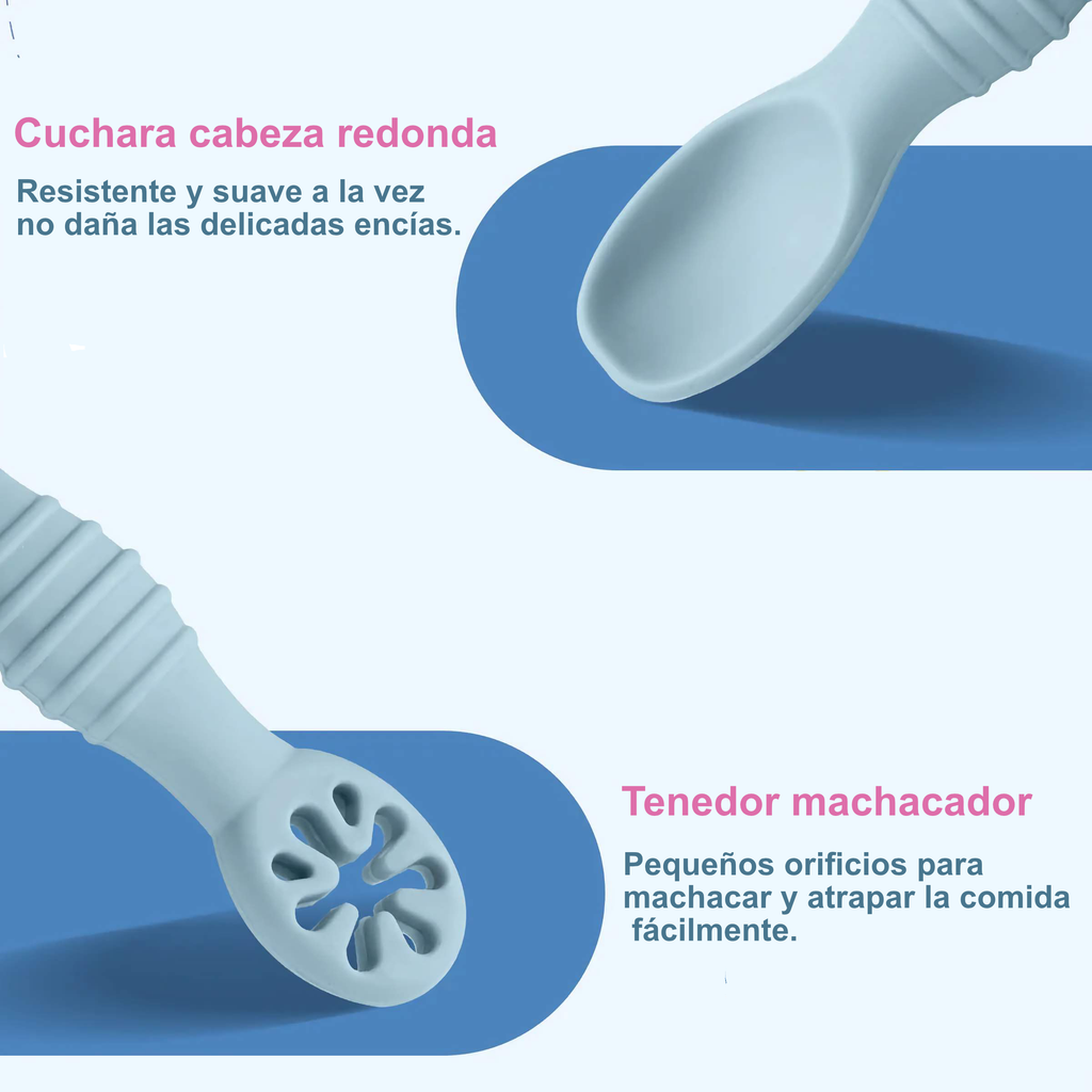 Set de Entrenamiento BLW 2-en-1 | Cuchara y Tenedor Machacador de Silicona