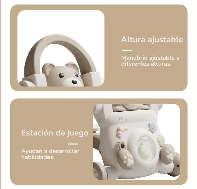 Andadera Bebé 3 en 1 Osito Encantador: Sentado a Caminar, Antivuelco y Multifuncional – Primeros Pasos Seguros