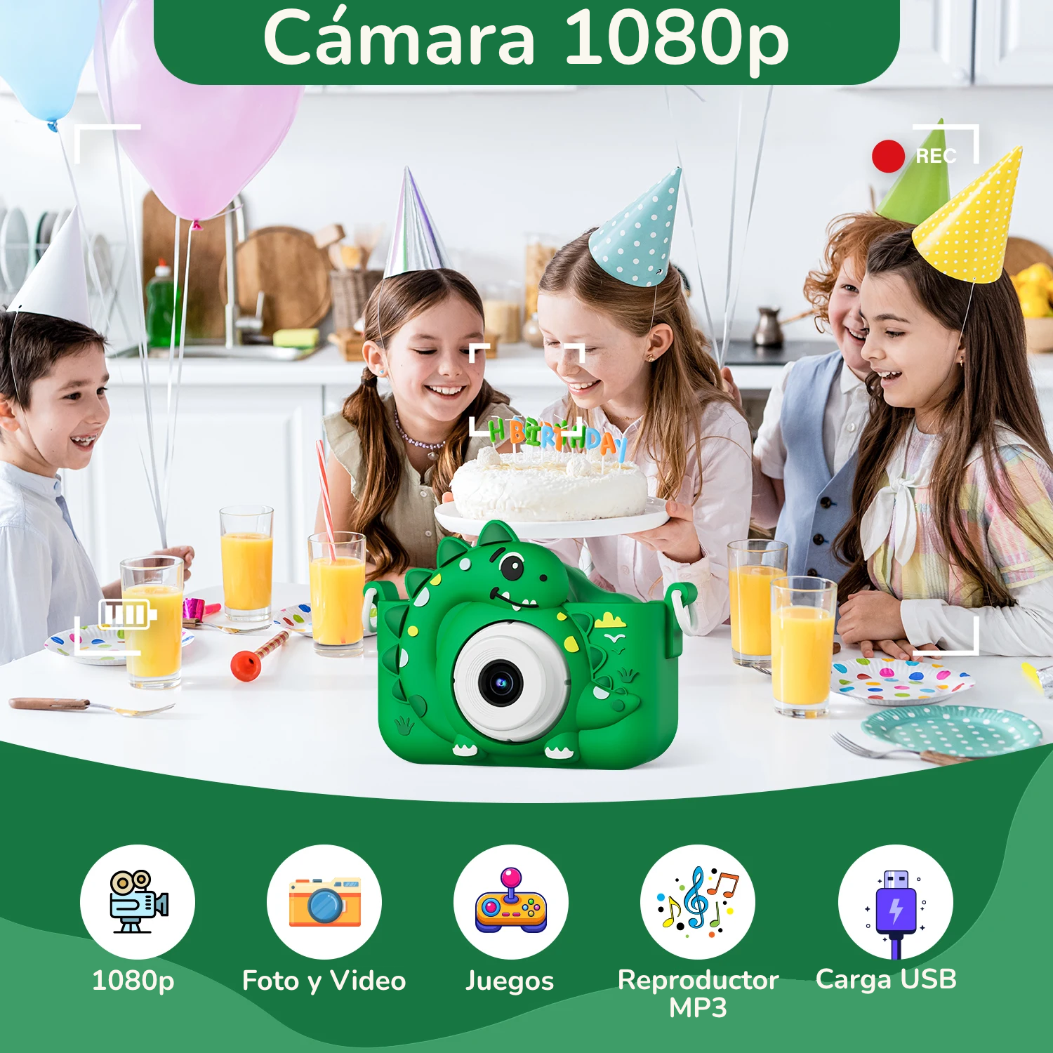 Cámara Digital HD 1080P para Niños | Diseño de Dinosaurio, Doble Cámara, 32GB Incluidos
