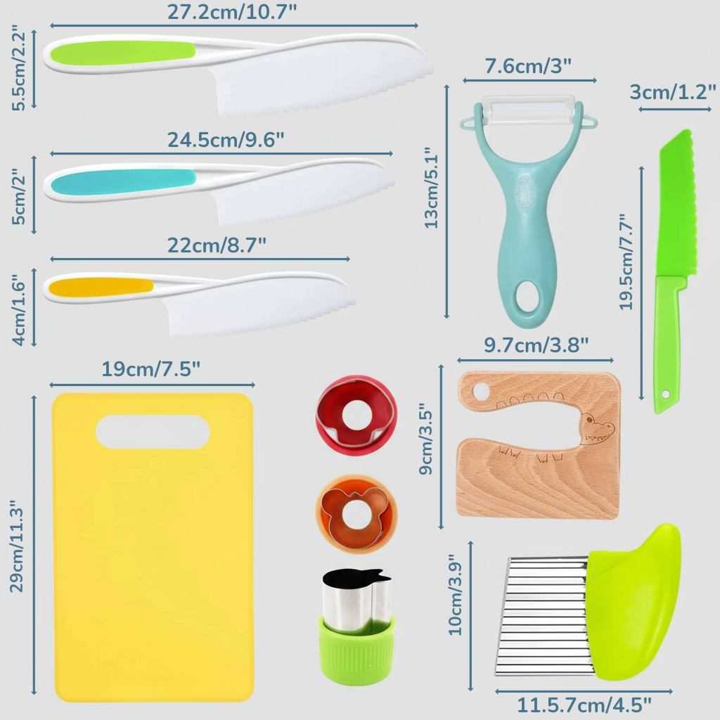 Set de Cuchillos y Utensilios Montessori para Niños | Seguro, Corta Vegetales y Frutas | Desarrollo de Coordinación