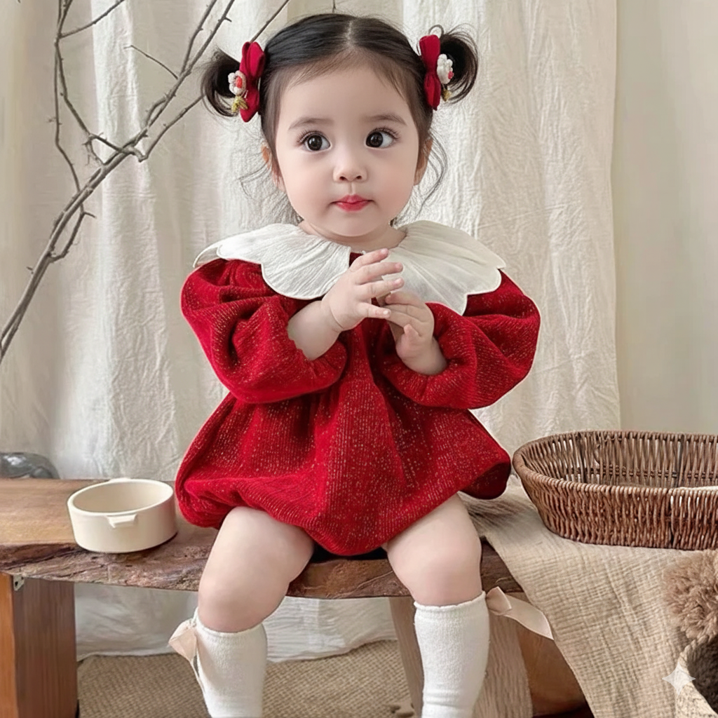 Mameluco de Princesa Navideño  con Cuello de Pétalo (Otoño-Invierno)