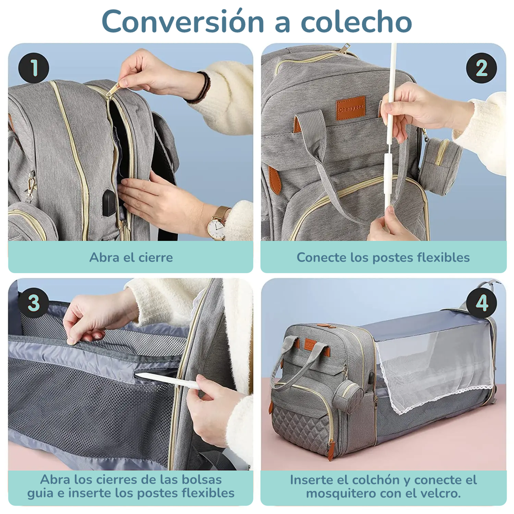 Pañalera Convertible a Cuna Colecho Portátil | Impermeable, Térmica y con Puerto USB