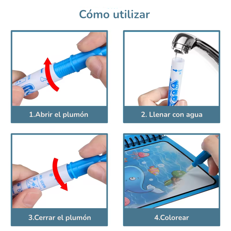 Libro Mágico para Colorear con Agua | Reutilizable 5 Páginas | Cero Desorden