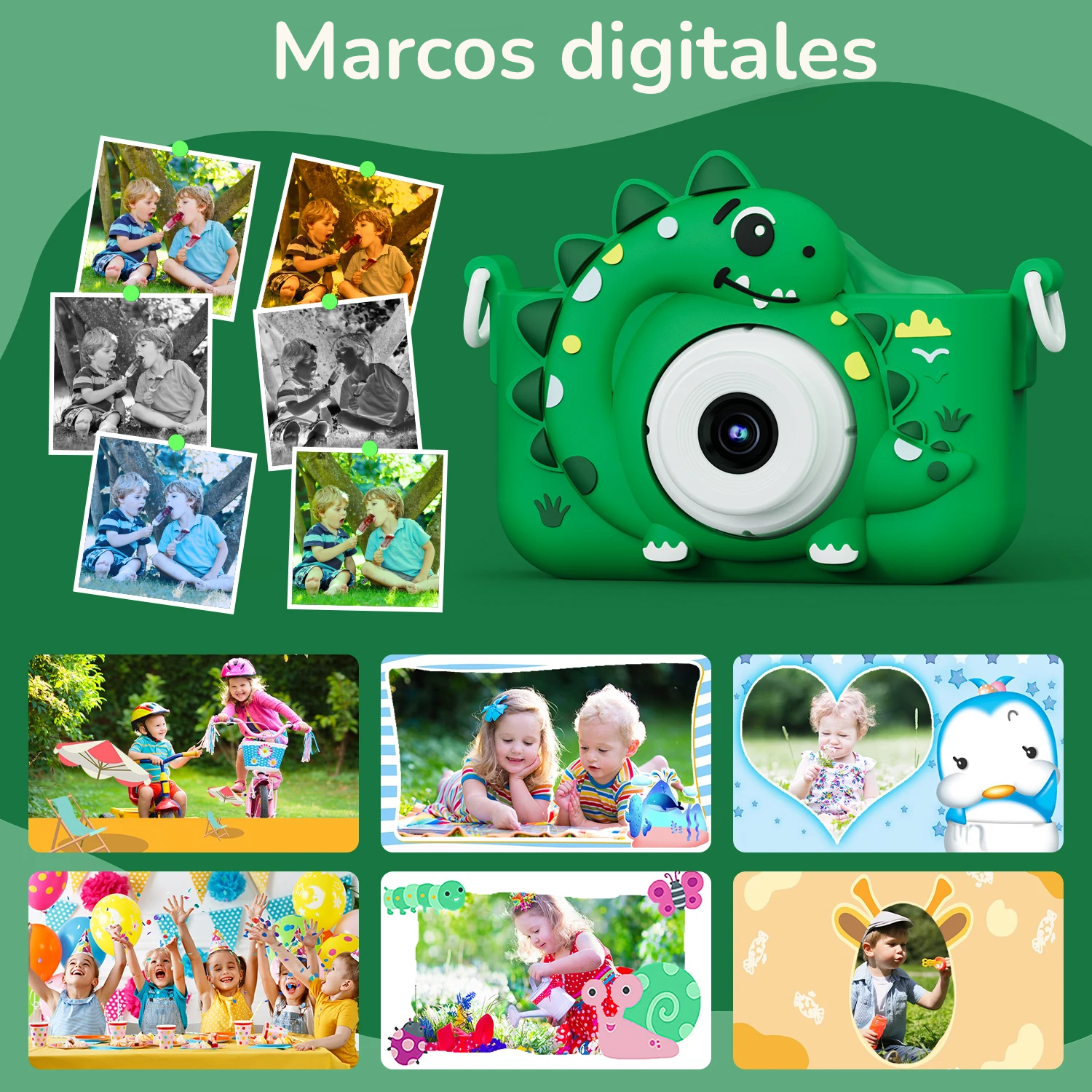 Cámara Digital HD 1080P para Niños | Diseño de Dinosaurio, Doble Cámara, 32GB Incluidos