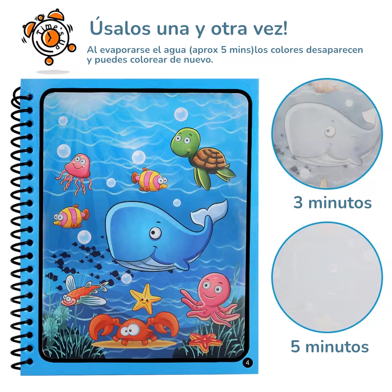 Libro Mágico para Colorear con Agua | Reutilizable 5 Páginas | Cero Desorden